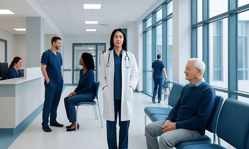 Medical team and patients in a modern hospital corridor.