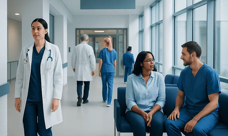 Healthcare professionals and patients in a modern hospital corridor.