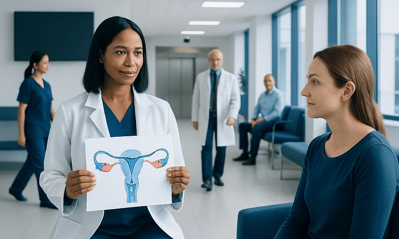 Doctor explains tubal ligation options to patient in clinic setting.