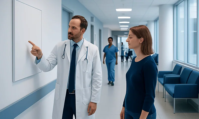 Health Library 4 Doctor explaining medical information to a patient in hospital corridor.