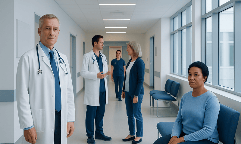 Medical team consulting in a hospital corridor with a patient waiting.
