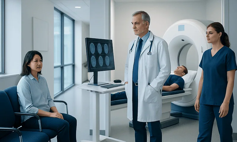 Medical team discussing brain scan results in a hospital setting.