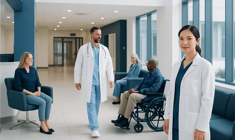 Healthcare professionals and patients in a modern hospital waiting area.