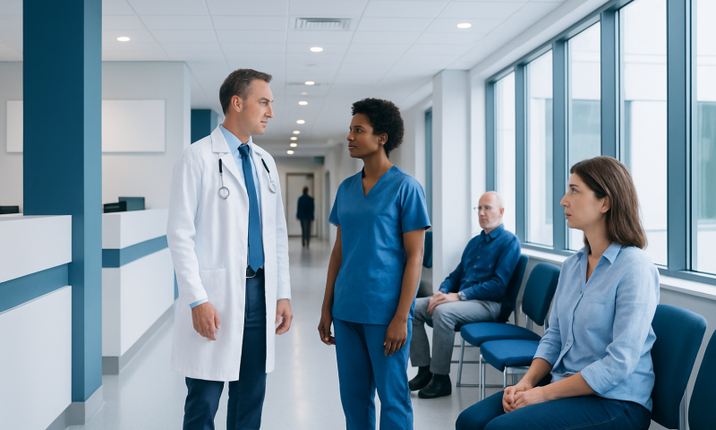 Medical team discussing patient care in hospital corridor.