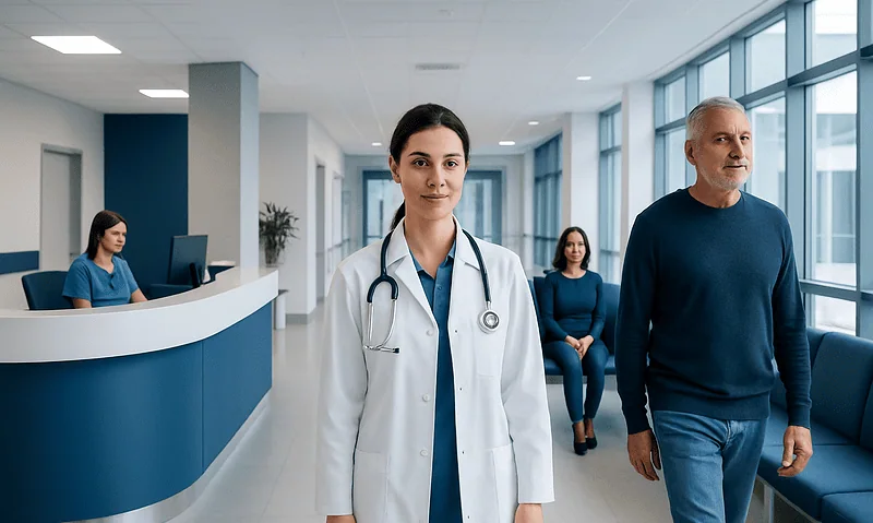Verapamil: A Complete Medical Overview 14 Medical professional and patients in a modern hospital corridor.
