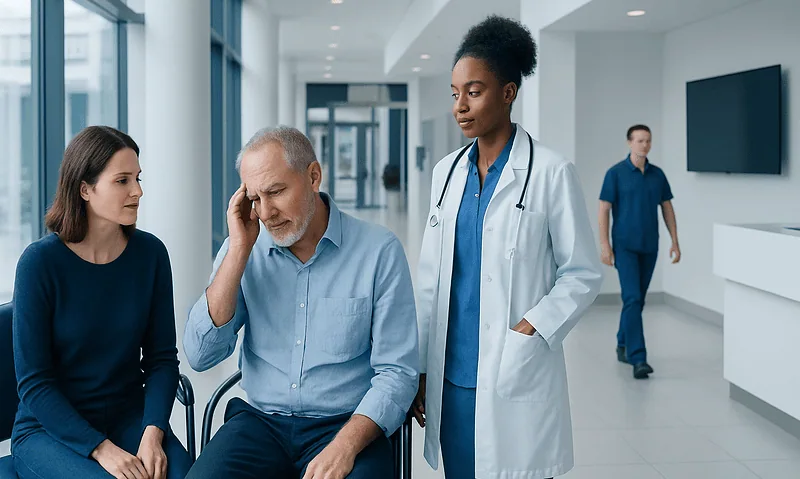 Doctor consulting with patient and companion in hospital corridor.