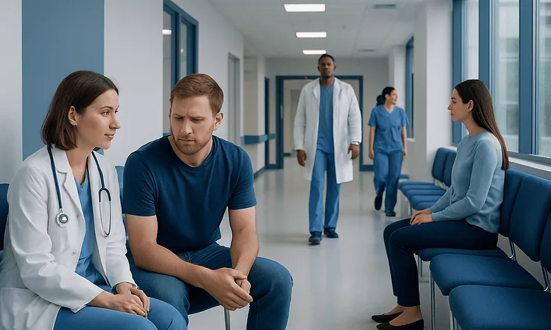 Patients and medical staff in a hospital corridor discussing health concerns.