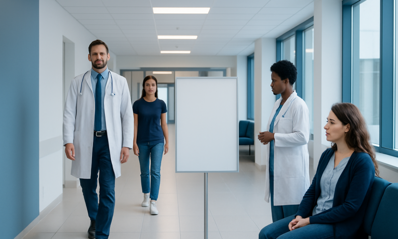 Medical team in hospital corridor with whiteboard and large windows.