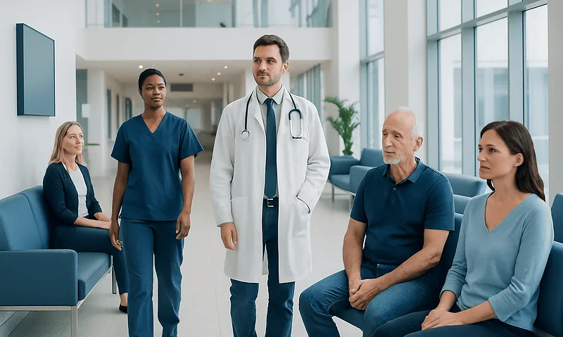 Medical team consulting with patient in hospital lobby.