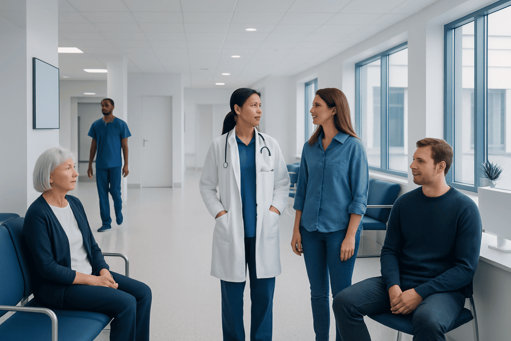 Visual Snow Syndrome: Symptoms, Diagnosis, and Daily Management 1 Medical consultation in a modern hospital corridor with diverse healthcare professionals and patient.
