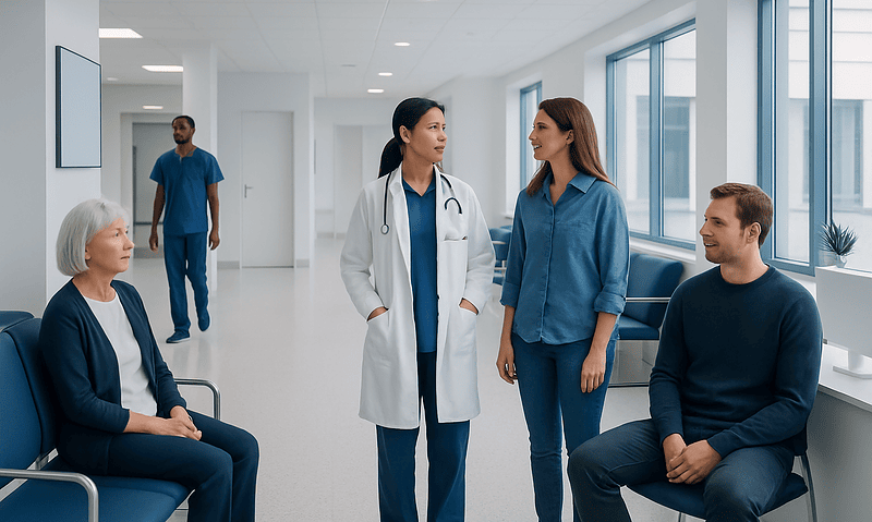 Medical consultation in a modern hospital corridor with diverse healthcare professionals and patient.