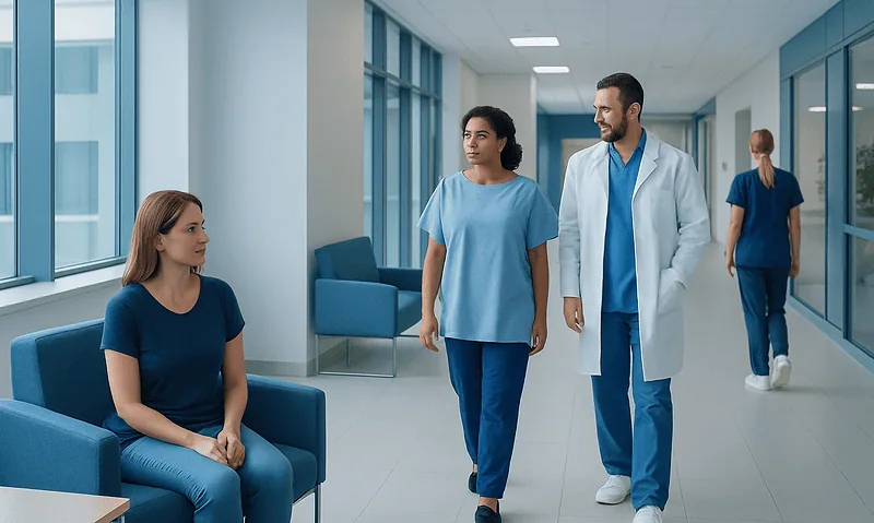 Medical team consulting patient in hospital corridor.