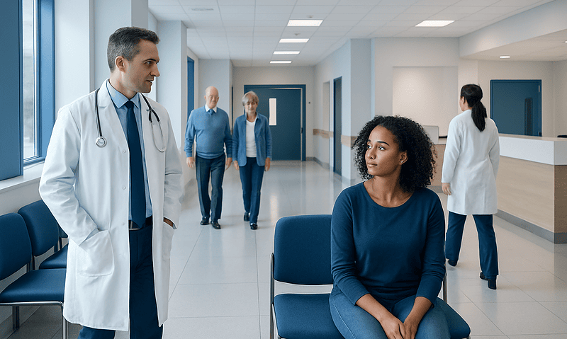 Doctor consulting a patient in a hospital corridor with other staff in background.