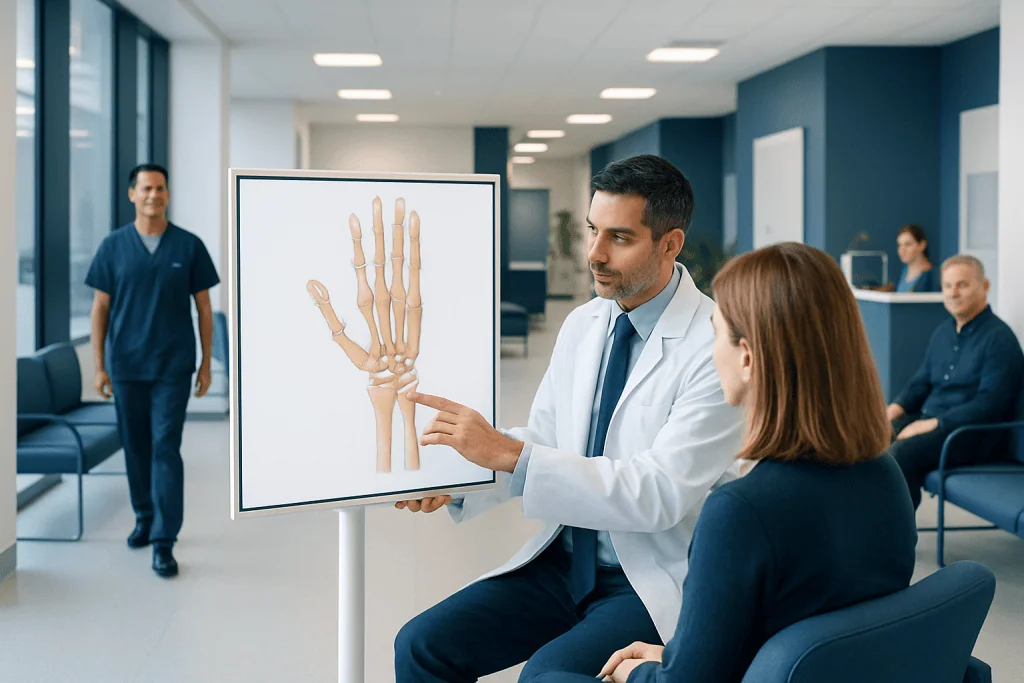 Wrist Joint Anatomy: What Bones, Ligaments, and Cartilage Do 1 Doctor explaining wrist joint anatomy to patient in a medical clinic.