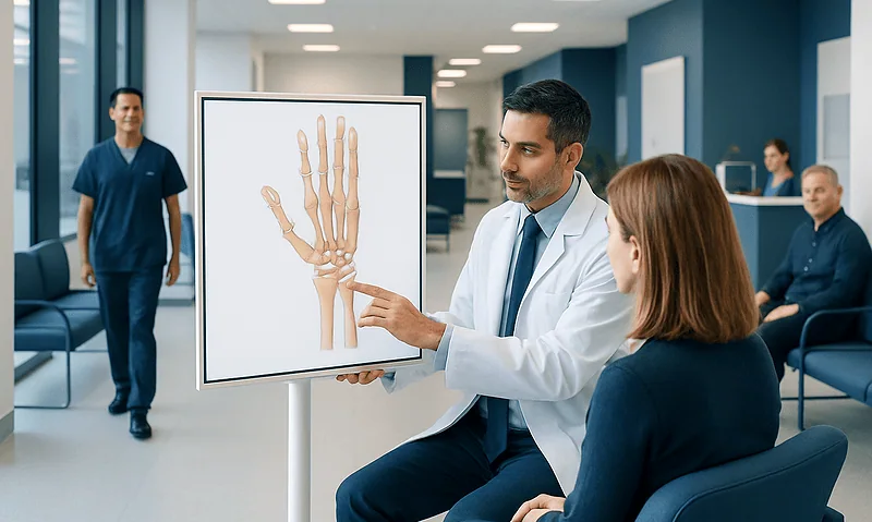 Doctor explaining wrist joint anatomy to patient in a medical clinic.