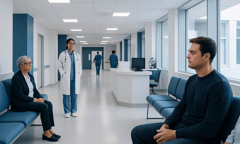 X virus: A Complete Medical Guide for Patients 18 Patients waiting in a modern hospital corridor with medical staff nearby.