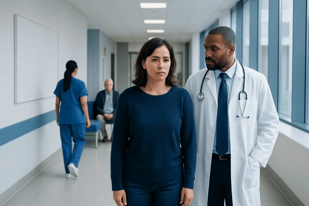 Young-Onset Dementia: Symptoms That Should Not Be Ignored 1 Doctor and patient in hospital corridor discussing health concerns.