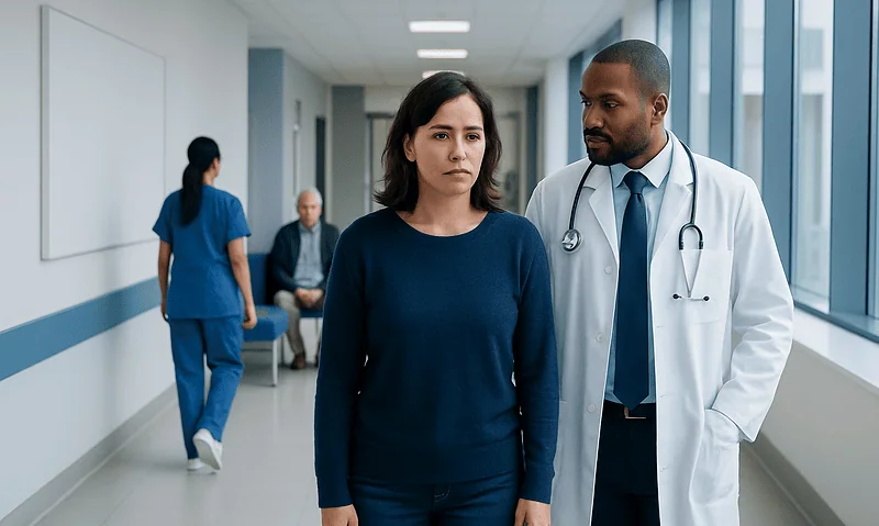 Doctor and patient in hospital corridor discussing health concerns.