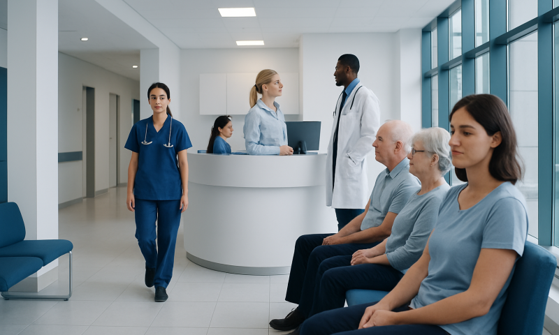 Hospital waiting area with medical staff and patients.