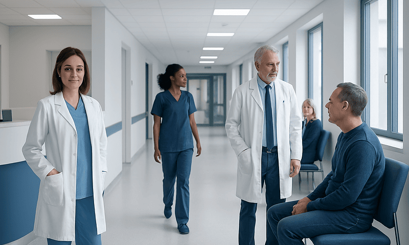 Ph — Explained by Medical Evidence, Not Myths 16 Medical team consulting patient in hospital corridor at Acibadem Hospitals Group.