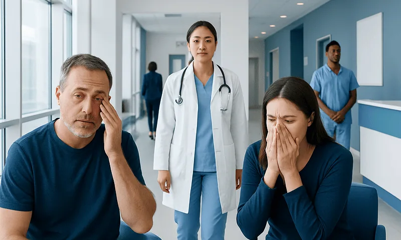 Patients experiencing eye discomfort in a hospital corridor with medical staff present.