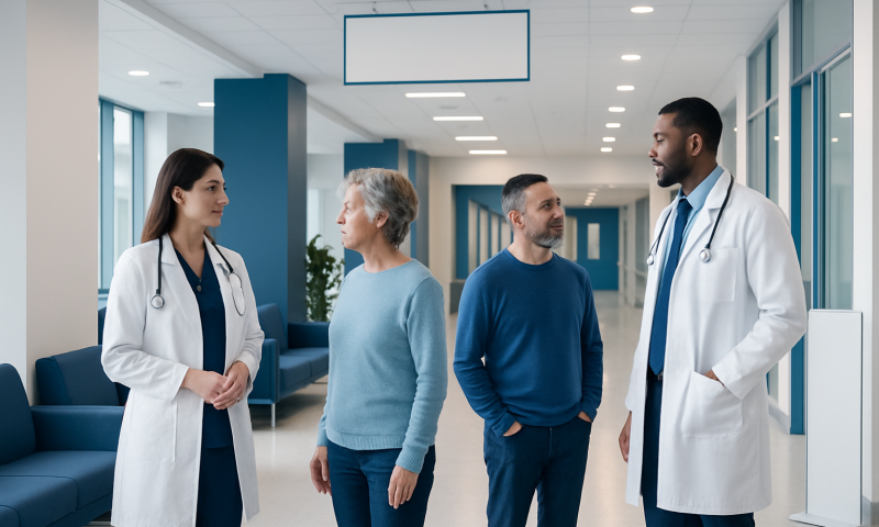Doctors and patients in a hospital corridor discussing health issues.
