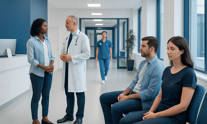 Medical consultation in a hospital corridor with healthcare professionals and patients.