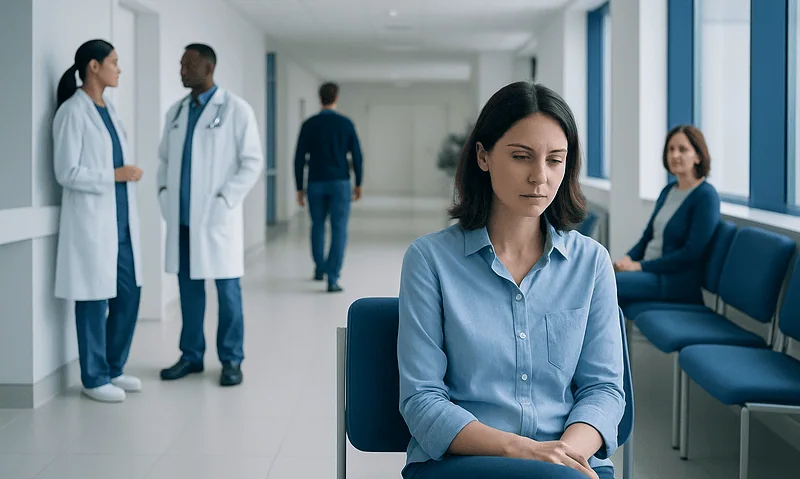 Patient waiting in hospital corridor with medical staff in background.