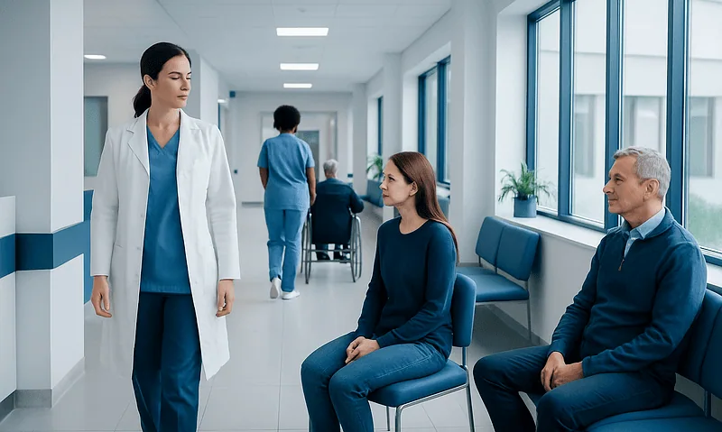 Healthcare professionals and patients in a hospital corridor at Acibadem Hospitals Group.