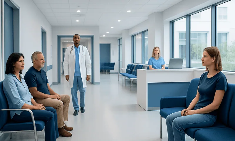 Rainbow Trout and: What Patients Need to Know 6 Patients waiting in a modern hospital corridor with medical staff present.