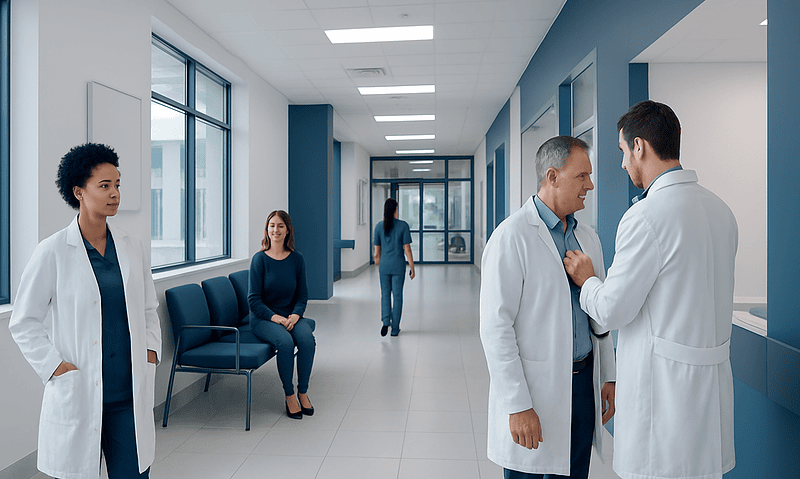 Medical professionals and patients in a hospital corridor at Acibadem Hospitals Group.