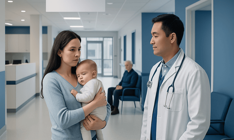Doctor consulting mother and baby in hospital corridor.