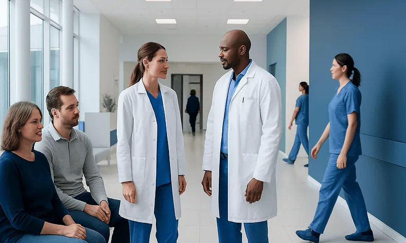 Medical team discussing patient care in hospital corridor.
