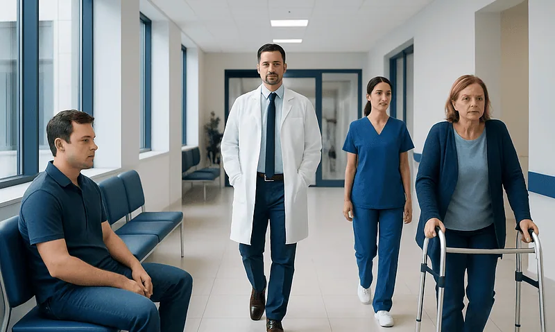 Medical professionals and patient in hospital corridor at Acibadem Hospitals Group.