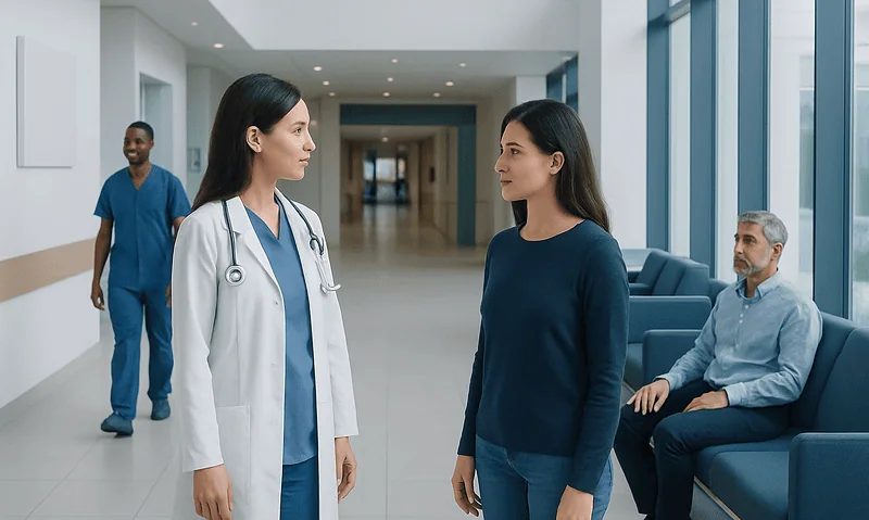 Doctor and patient talking in hospital corridor with waiting area.