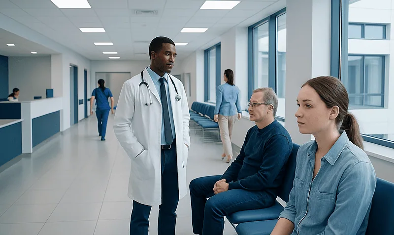 Medical consultation in a modern hospital corridor with diverse patients and staff.