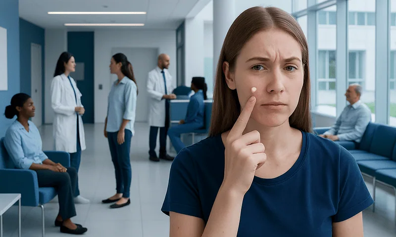 Young woman with pimple touching her face in a hospital waiting area.