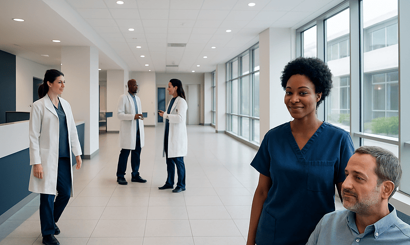 Healthcare professionals in a modern hospital corridor at Acibadem Hospitals Group.