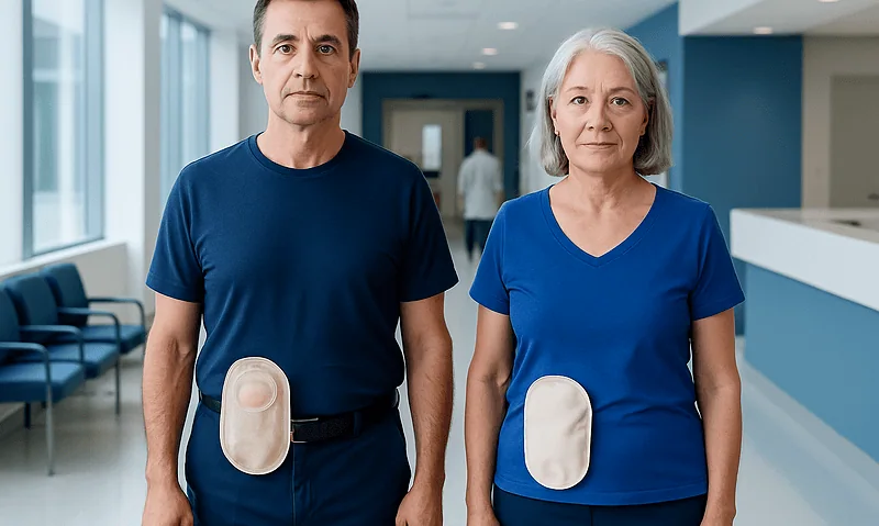 Two patients with ostomy bags in a hospital corridor.