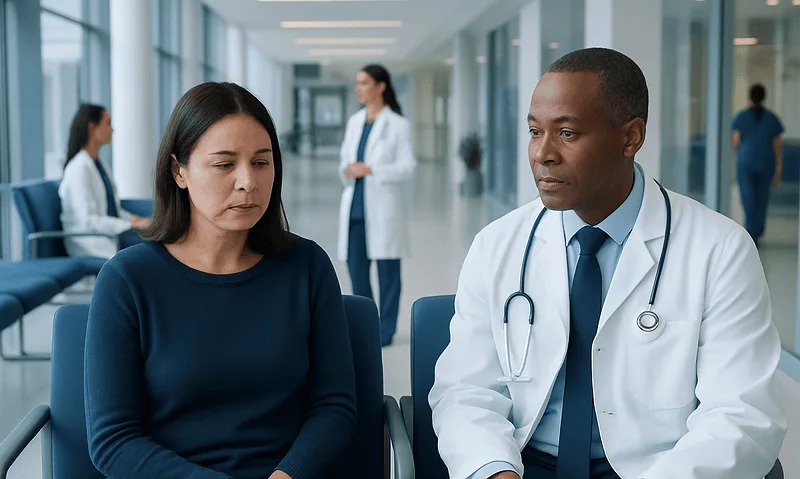 Doctor consulting a patient in a hospital corridor with other medical staff in the background.