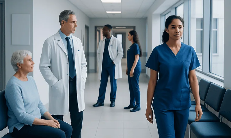 Medical team and patient in hospital corridor at Acibadem Hospitals Group.