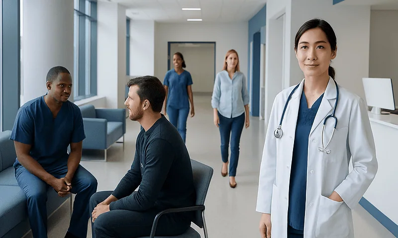 Healthcare professionals and patients in a hospital corridor at Acibadem Hospitals Group.
