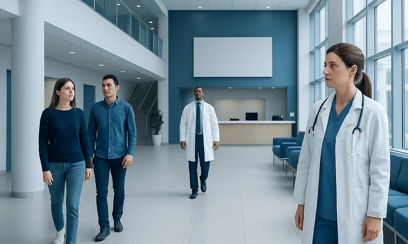 Medical professionals and patients in a modern hospital lobby.
