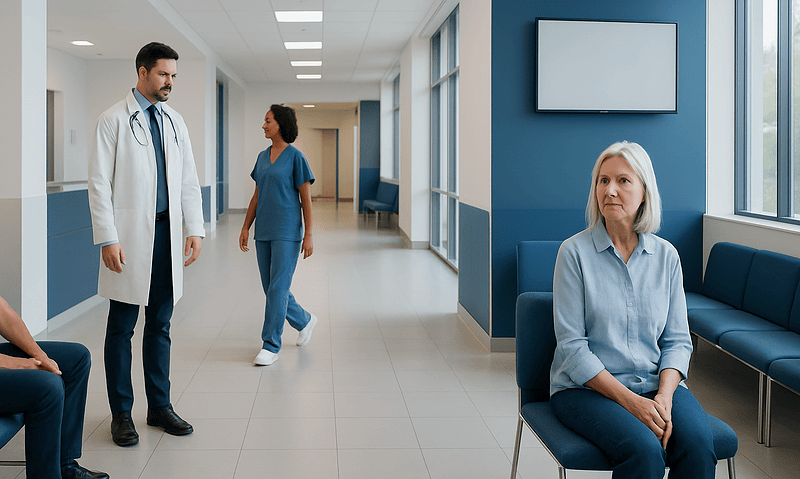 Doctor consulting with patient in hospital corridor.
