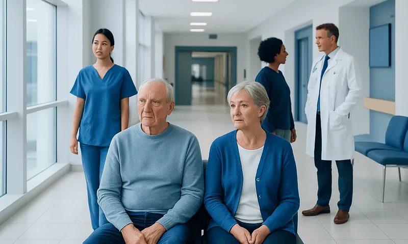 Elderly patients waiting in hospital corridor with medical staff nearby.