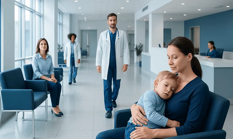 Healthcare professionals and a mother with child in a hospital waiting area.