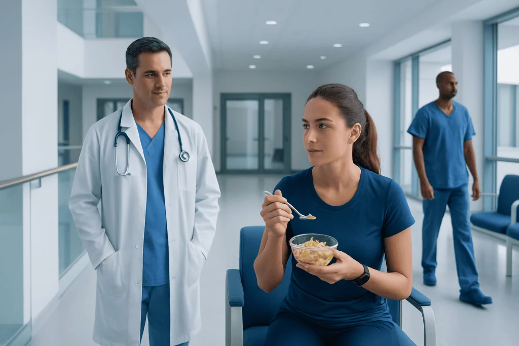 What to Eat Before a Run? Causes, Explanations, and Next Steps 1 Patient eating in hospital corridor with doctors nearby at Acibadem Hospitals Group.
