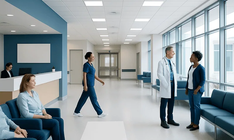 Modern hospital corridor with medical staff and patients.