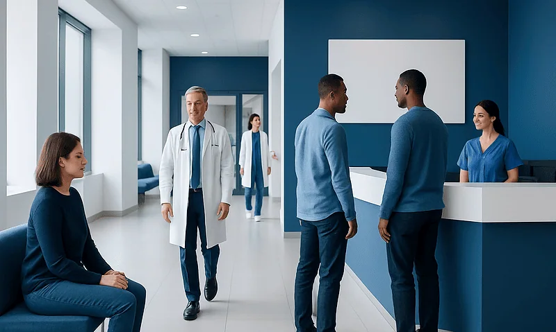 Medical staff and patients in a modern hospital reception area.