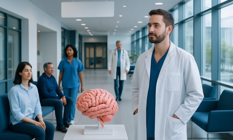 Doctor and patients in hospital with brain model for neurological consultation.